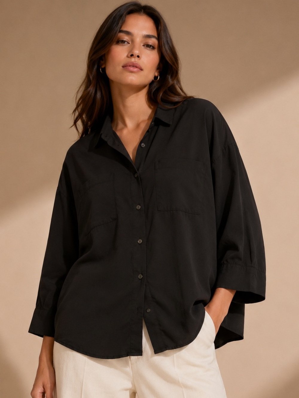 Lalavon Black Oversized Button Up Blouse Size L Office Career Minimalist Shirt